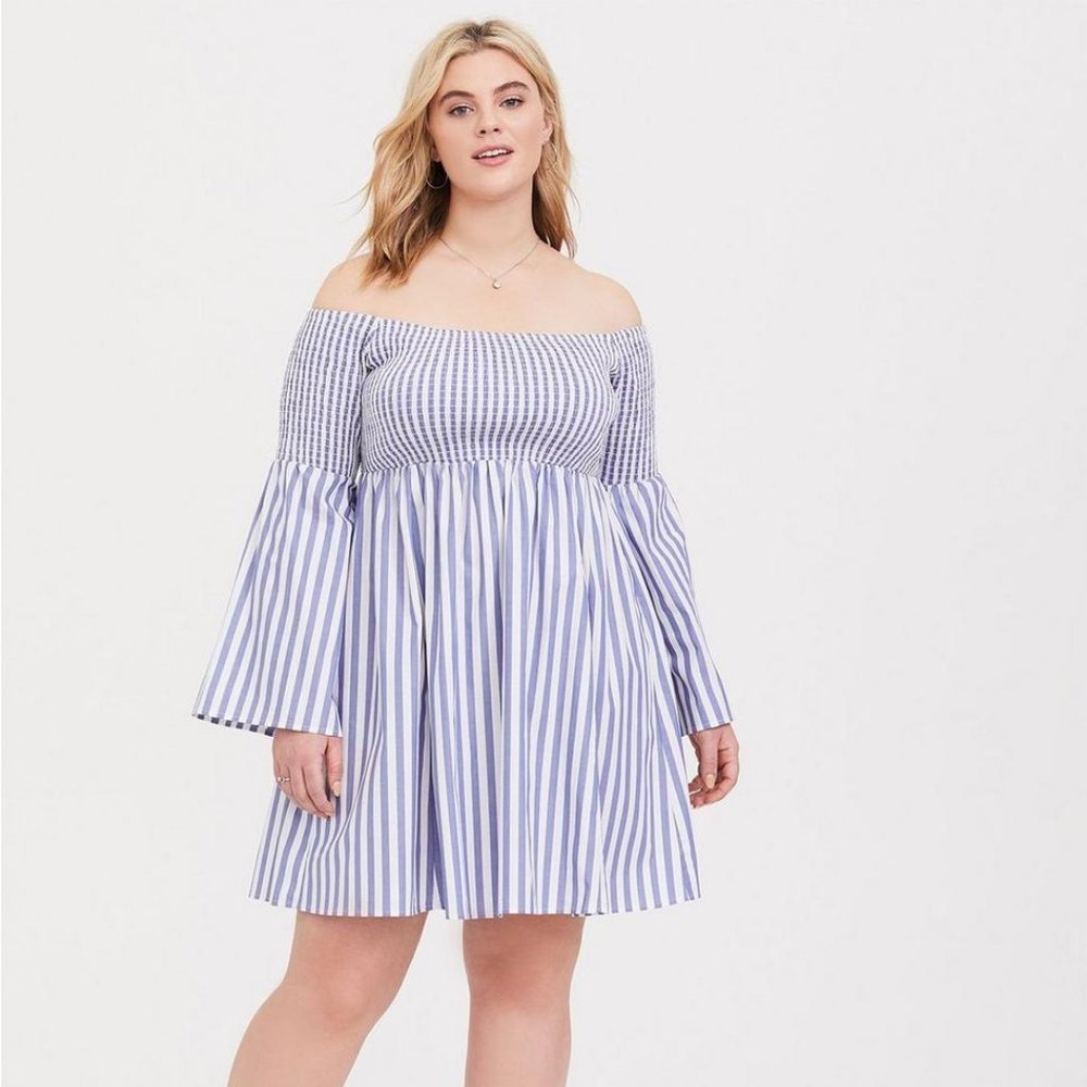 Torrid Blue White Stripe Smocked Mini Skater Dress Size 2X Off Shoulder Beachy